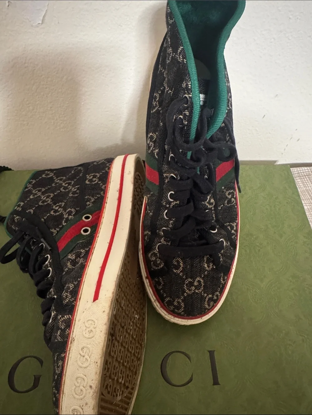 Gucci Black GG Canvas High-Top Sneakers with Green & Red Web